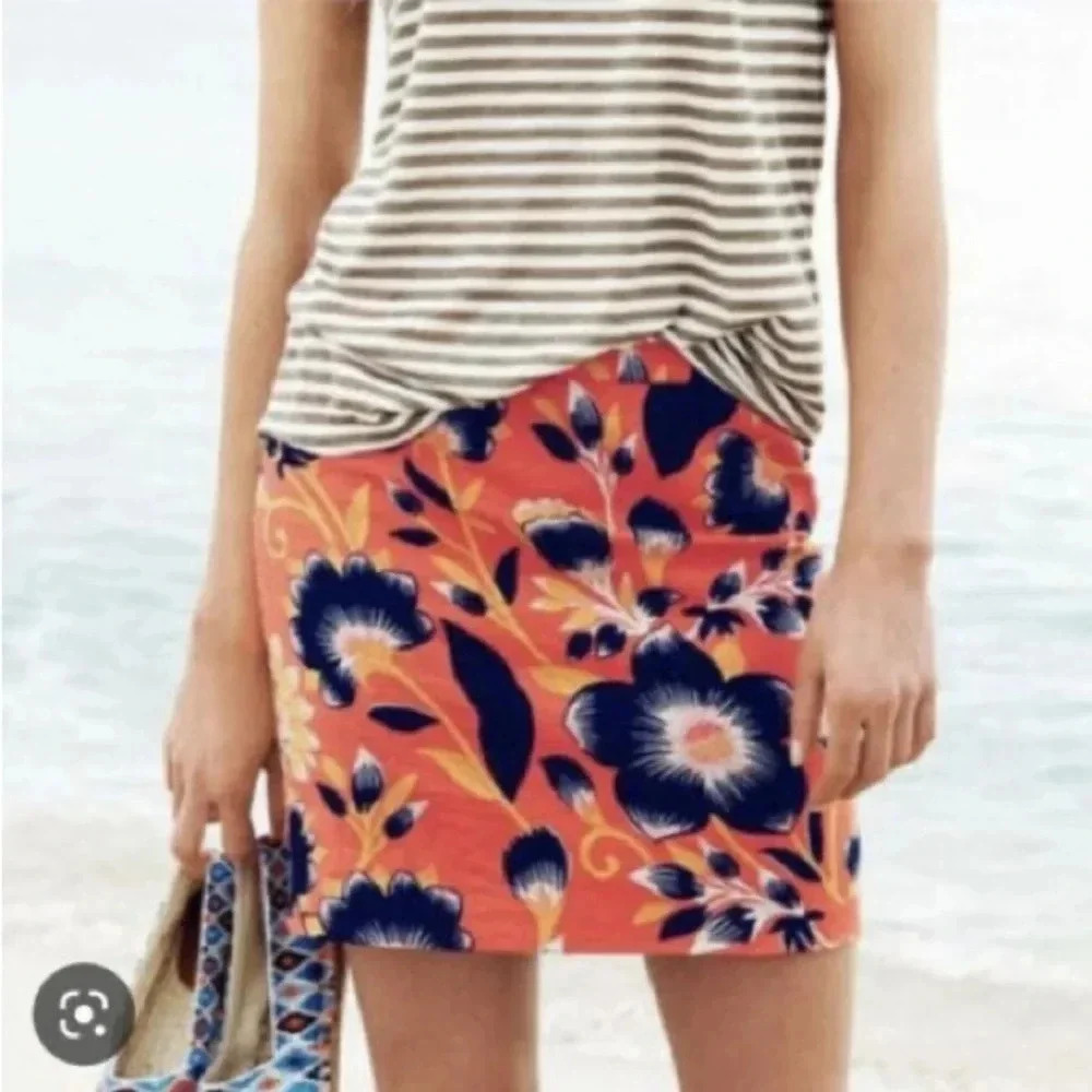J. Crew Postage Stamp A-Line Linen Skirt Hibiscus Floral Neon Orange Navy Size 2
